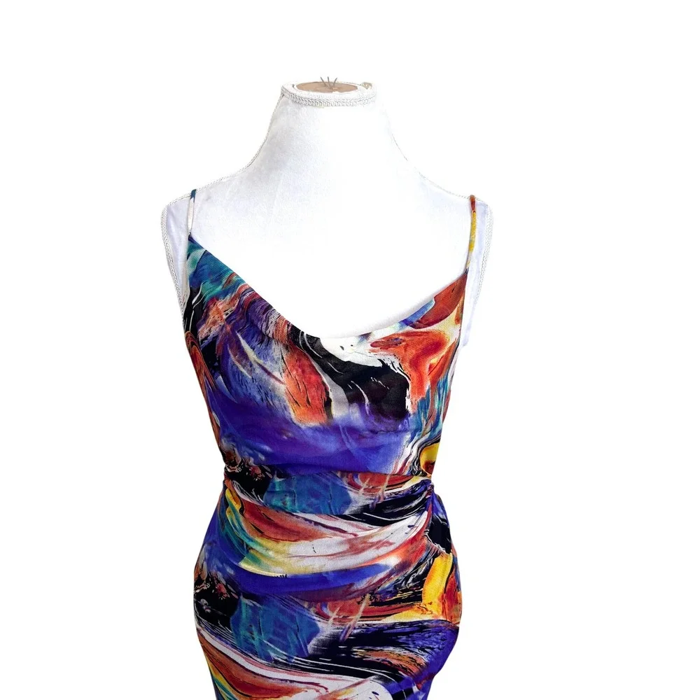 Mesh‎ Open Back Womens Abstract Artsy Cowl Neck Slip Midi Dress Size L Romantic
